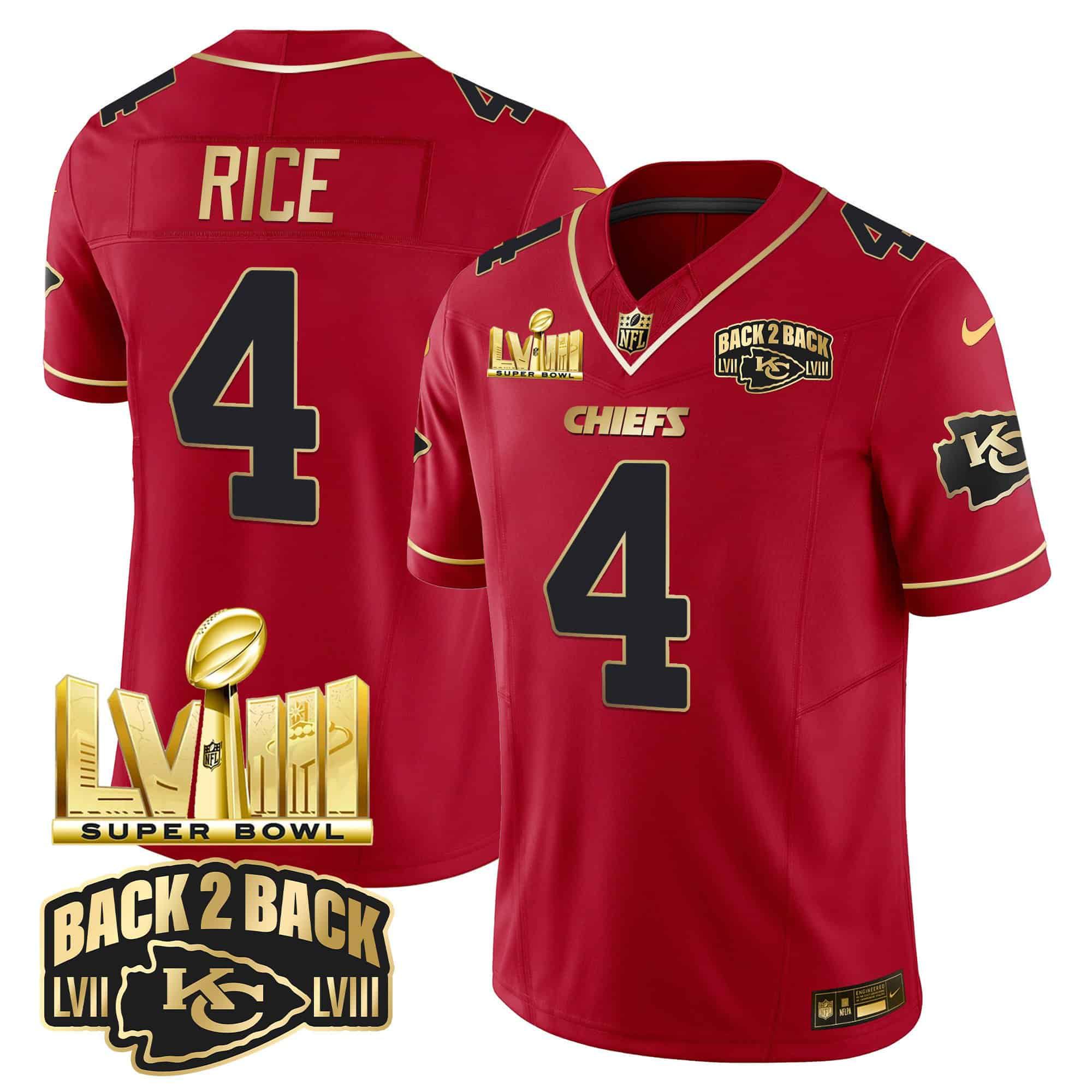 Men Kansas City Chiefs #4 Rice Red 2024 Nike Super Bowl LVIII & Back-2-Back Gold Patch Vapor NFL Jersey style 2